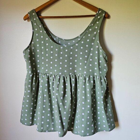 EUC SHEIN SAGE GREEN / WHITE SCOOP NECK POLKA DOT BABY DOLL TANK TOP SIZE M - Picture 1 of 10